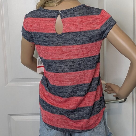 Nautica Womens Red Black Striped T-Shirt Size XS Top Keyhole Back Button Tee New - Picture 3 of 13